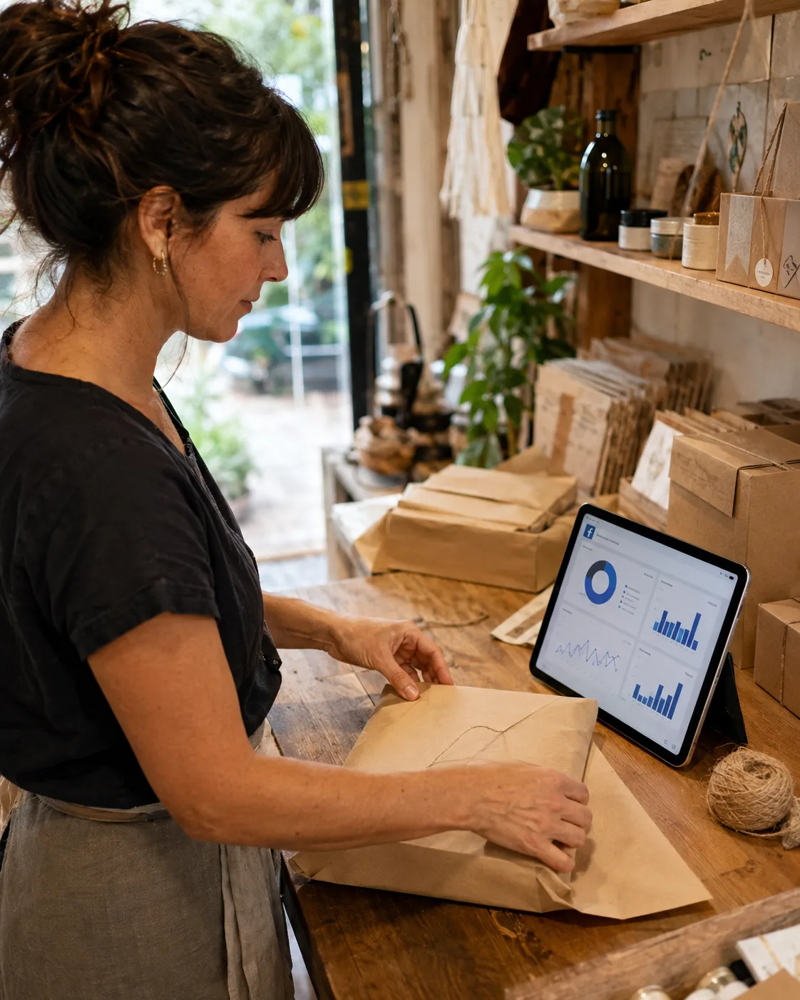 Small business owner packing an order beside a tablet showing Facebook page insights